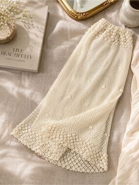 Vintage Saphir Ivory Silk Blend Popcorn Knit Maxi Skirt Cottagecore Boho L